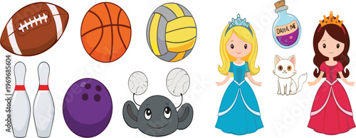 Cute cartoon elements set with sports balls princess characters magic potion and pet, kids playful vector illustration collection