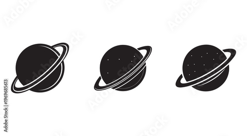 Three black planet icons with rings on white background for astronomy and space design