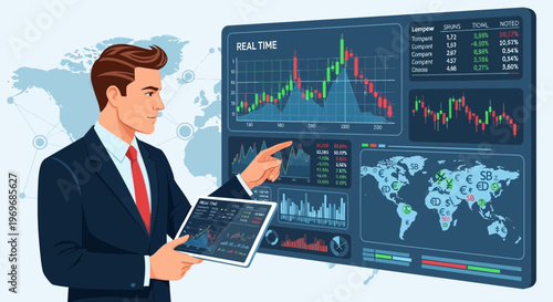 Businessman analyzing financial data on screen with tablet computer