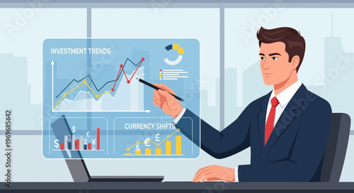 Businessman analyzing financial data on screen presenting investment trends