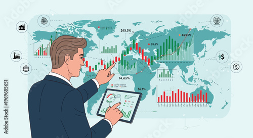 Businessman analyzing financial data on world map chart illustration