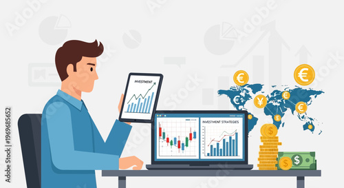 Businessman analyzing financial data on tablet and laptop near currency symbols