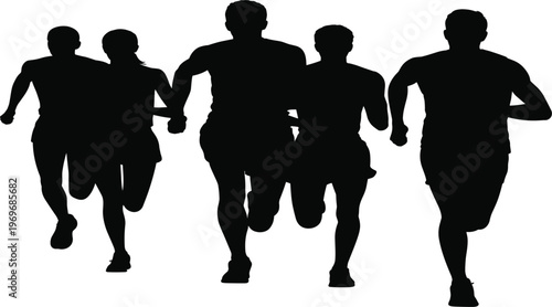 Group of five runners in silhouette running a race on white background marathon sport