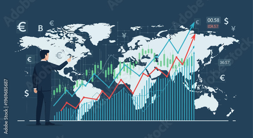Businessman analyzing financial data with world map background and growth charts