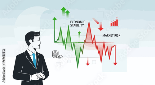 Businessman analyzing financial trends with rising and falling market indicators