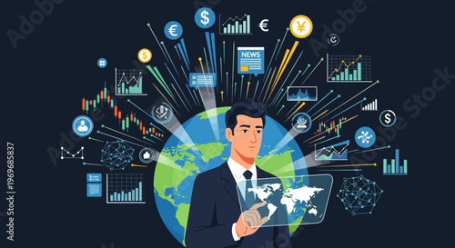 Businessman analyzing global financial data and economic trends