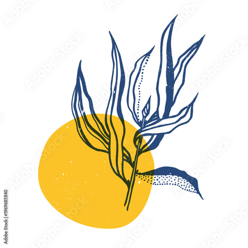 Tropical leaves with geometric shape. Colorful cute screen printing effect. Riso print. Vector illustration. Graphic element for print