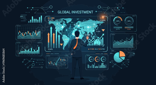 Businessman analyzing global investment data on digital interface