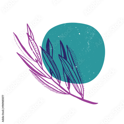 Tropical leaves with geometric shape. Colorful cute screen printing effect. Riso print. Vector illustration. Graphic element for print