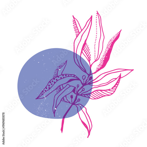 Tropical leaves with geometric shape. Colorful cute screen printing effect. Riso print. Vector illustration. Graphic element for print