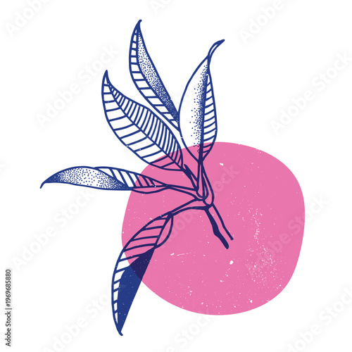 Tropical leaves with geometric shape. Colorful cute screen printing effect. Riso print. Vector illustration. Graphic element for print