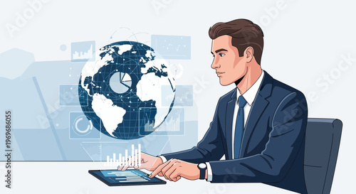 Businessman interacting with digital world map and data analysis graphics