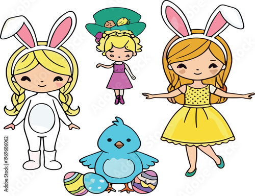 Cute kids in Easter bunny costume with chick and decorated eggs, spring holiday cartoon characters vector illustration set