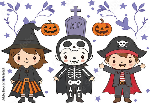 Cute kids in Halloween costumes with witch skeleton and pirate characters, spooky holiday cartoon vector illustration collection