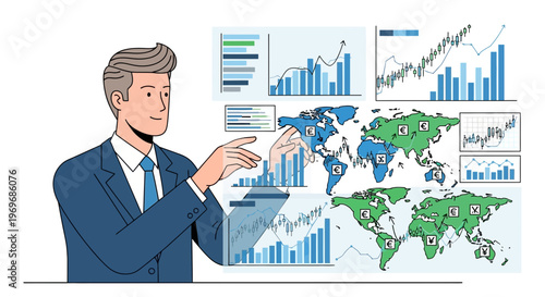 Businessman interacting with financial data charts and world map