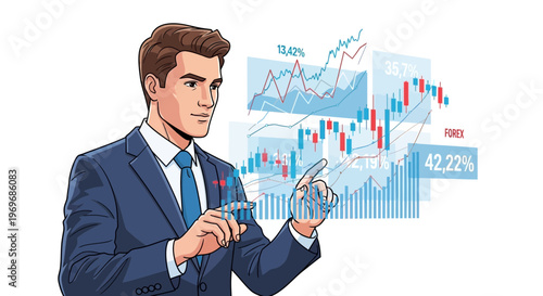 Businessman interacting with financial data charts isolated on white background