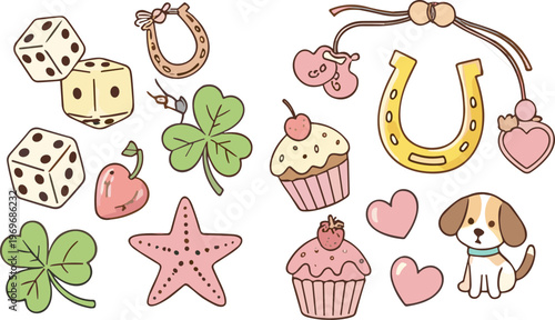 Cute lucky charm elements set with clover horseshoe dice hearts cupcake and dog, whimsical cartoon vector illustration collection