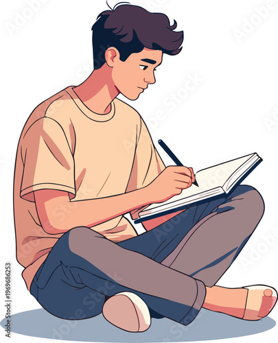 	
Illustrazione vettoriale di uno studente seduto o in piedi mentre studia e prende appunti. Concetto di apprendimento, concentrazione, educazione e studio, ideale per scuola, università e formazione.
