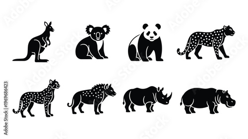 A collection of diverse animal silhouettes including a kangaroo koala panda leopard and rhinoceros silhouette high quality professional detailed modern elegant