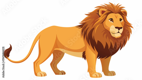 Lion standing on four legs in a cartoon style with a big mane and a long tail in a simple design