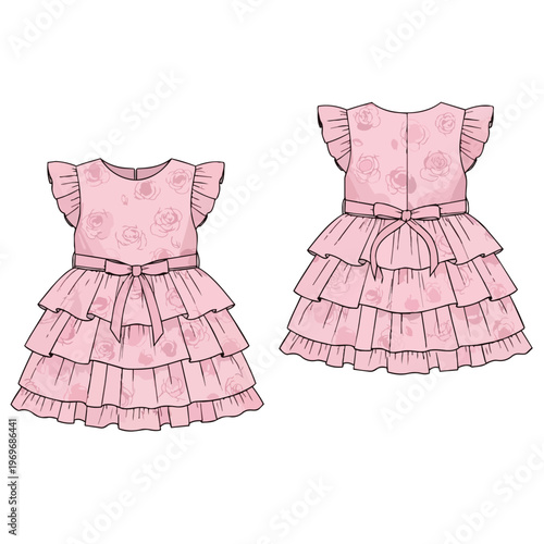 Pink Floral Ruffled Toddler Dress Fashion Design Sketch