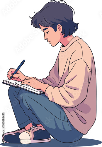 	
Illustrazione vettoriale di uno studente seduto o in piedi mentre studia e prende appunti. Concetto di apprendimento, concentrazione, educazione e studio, ideale per scuola, università e formazione.