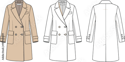 Elegant double breasted coat front side and back view fashion illustration classic outerwear design isolated apparel template modern style