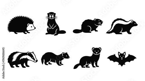 A collection of diverse woodland creatures depicted in a stark black graphic style showcasing animal forms silhouette high quality professional detailed