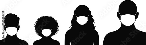 Silhouette Busts Of Four Diverse People Wearing Face Masks diversity women
