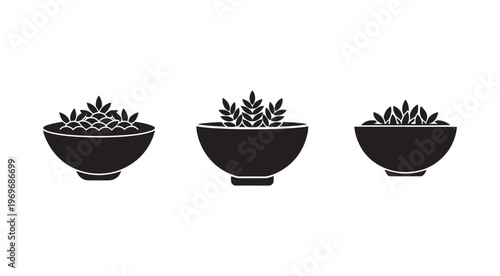 Three black silhouette bowls with plants and stones inside on white background  planters with herbs or small trees  decorative containers