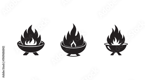 Three black silhouette fire pit icons with varying flame designs on white background for graphic design use