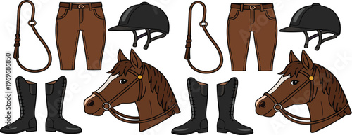 Equestrian equipment set with horse head riding boots helmet whip and pants, horse riding gear cartoon vector illustration collection