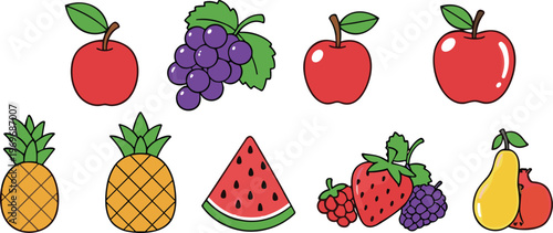 Fresh fruit collection with apples grapes pineapple watermelon strawberry and pear, healthy food cartoon vector illustration set