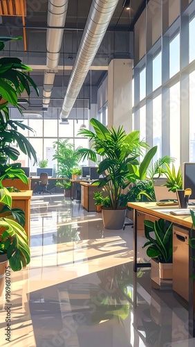 A modern office interior with lush greenery