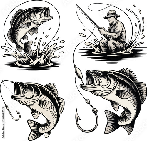 Retro fishing illustration vector with bass fish and fisherman design.
