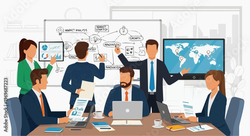 Business team working on market strategy with laptops and whiteboard