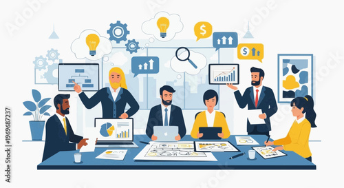 Business team brainstorming and planning with technology