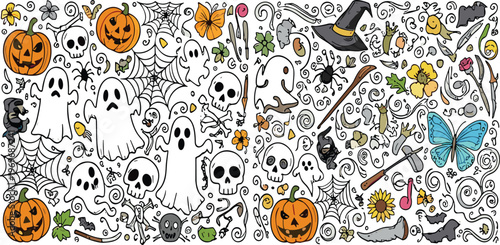 Halloween doodle elements seamless pattern with ghosts skulls pumpkins spiders and witch items, spooky cartoon vector illustration background