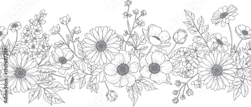 Hand-drawn floral border with daisies and wildflowers in a grayscale sketch style with botanical illustration with floral pattern with flower arrangement with decorative element with white background
