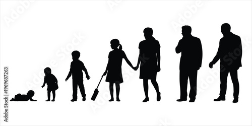 Silhouette of human life stages from baby to adult on white background vector illustration