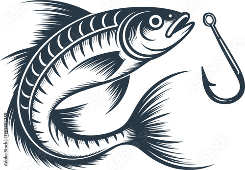 Retro fishing illustration vector with bass fish and fisherman design.