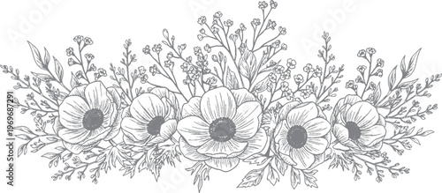 Floral swag with poppies and greenery with hand drawn with white background
