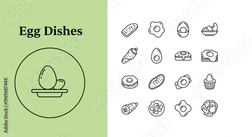 A comprehensive vector illustration featuring a diverse collection of outline icons representing various delicious egg dishes and breakfast preparations.