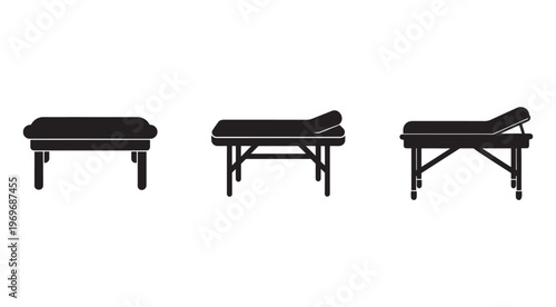Three black silhouettes of adjustable massage beds in different positions on white background  furniture for therapy and relaxation