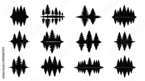 Minimalist black and white silhouettes of trees reflected in water serene forest lake scene symmetrical design abstract nature artwork