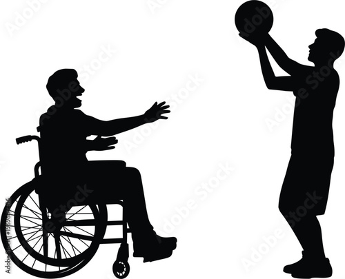 Silhouette of Man in Wheelchair Playing Basketball with Another Man sport disabled