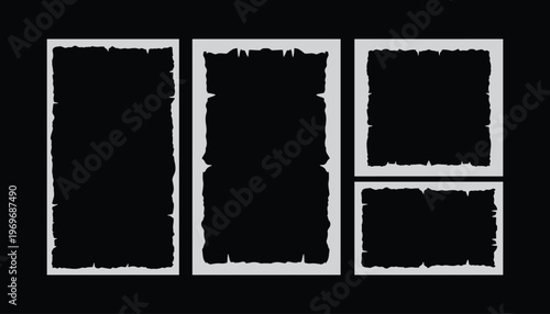 Four black and white torn paper frames on a solid black background