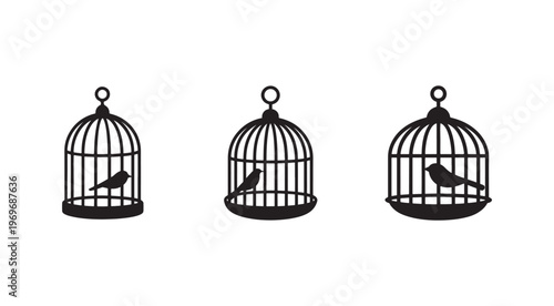 Three black silhouettes of bird cages with birds inside on white background  isolated graphic illustrations