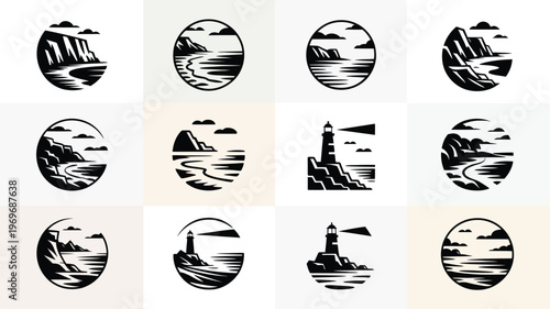 Minimalist black and white graphic design showcasing twelve circular frames with coastal and nautical themes featuring stylized waves lighthouses and mountainous landscapes