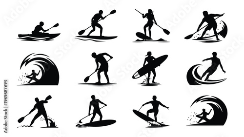 Silhouettes of athletes kayaking paddleboarding surfing and swimming in dynamic poses isolated on a clean white background showcasing water sports and fitness activities